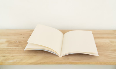 Blank catalog, magazines, book on wood background.