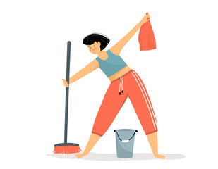 Woman daily routine cleaning floor in the house with broom and bucket of water. Happy girl washing and housekeeping holding duster smiling. Vector flat cartoon.