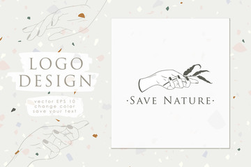 Logo female hand carefully hold a branch of leaves. Caring for the environment, natural product, ingredients.