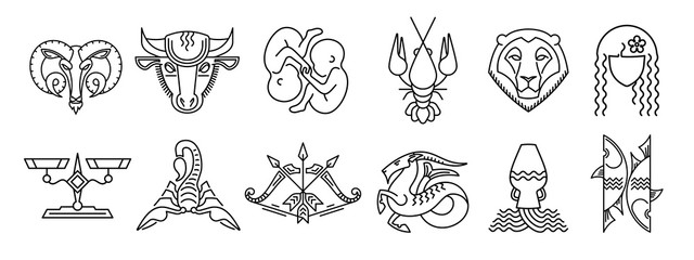 Set of zodiac signs Aries Taurus Gemini Cancer Leo Virgo Libra Scorpio Sagittarius Capricorn Aquarius Pisces Вlack and white star signs Astrological symbol logo emblem. Outline vector graphic