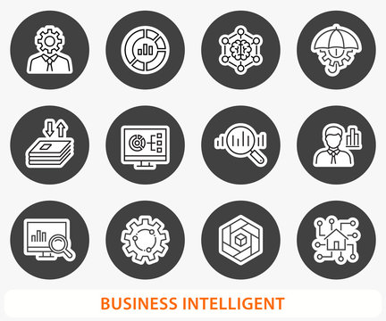 Business Intelligence icon set. Vector illustration. Round button. © lovemask