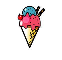 strawberry ice cream cone, cartoon drawing.