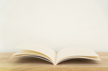 Blank catalog, magazines, book on wood background.