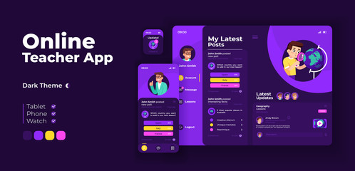 Online teacher app screen vector adaptive design template. Remote education, e learning application night mode interface with flat character. Tutor account smartphone, tablet, smart watch cartoon UI