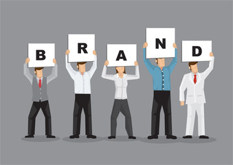 Illustration of business people holding white board cards title Brand on a grey background.
