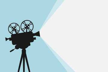 Silhouette of vintage cinema projector on a tripod. Cinema background. Film festival template for banner, flyer, poster or tickets. Old movie projector with place for your text. Movie time concept - obrazy, fototapety, plakaty