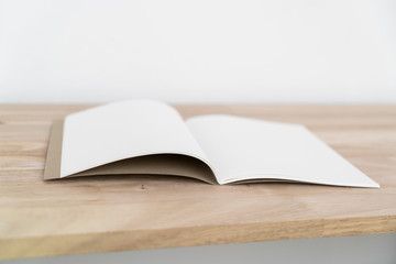 Blank catalog, magazines, book on wood background.