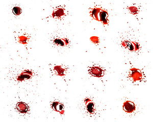 Blood dripping set.  Blood splatters. Drop and blob of blood. Bloodstains.   Red puddles. isolated...