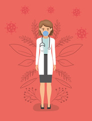 Woman doctor with mask and uniform against 2019 ncov virus vector design