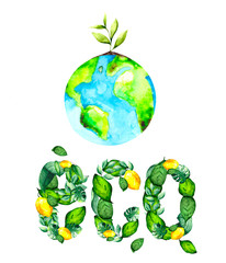 Watercolor illustration: planet earth on a white background with a green tender sprout and the inscription Eco of green juicy leaves and yellow lemons.
