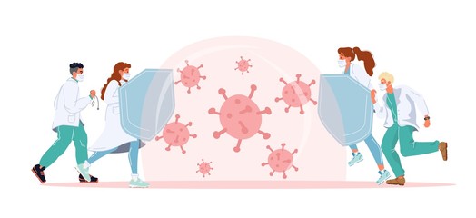 Doctor provide health bacteria virus protection. Character medical team in protective clothing shield reflect bacteria attack. Immunity boost. Medicine pharmacy epidemic illness human protect concept