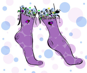 Illustration of female legs in socks with flowers.