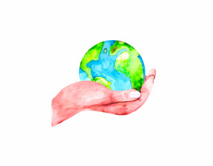 ECO-poster: planet Earth in the palm of your hand. Watercolor drawing for environmental illustrations on the theme of caring for nature and the world.
