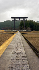 The entrance to Oyunohara is marked by the largest Torii shrine gate in the world. Kumano Kodo is a Unesco World Heritage site ancient pilgrimage route in Japan