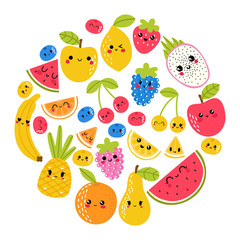 Circle design composition with hand drawn summer fruit. Healthy lifestyle collection. Cute kawaii characters. Summer season
