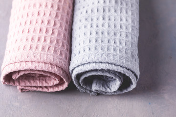 Two Towels on Gray Background Pink And Gray Towels Horizontal Above