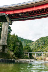 Bridge and trash brought by super typhoon. Kumano-gawa River. Kumano Kodo is a Unesco World Heritage site ancient pilgrimage route in Japan