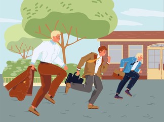 Fototapeta premium Busy business people running success hurry work meeting. Clerks, office workers, managers, businessman character in suit briefcase on street. Job competition, leadership, challenge marathon concept