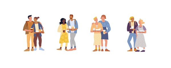 Friends, lovers, lesbians, romantic couples standing together, keeping food trays. Young family, millenials, coffee break, fast food restaurant, cafe. Vector flat illustration isolated on white.
