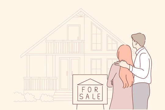 Buy, Sale, House, Real Estate, Family Concept. Young Sad Couple In Love, Husband And Wife Characters Sell, Leaving Their House Offered For Sale Because Of Debts. Buying New Real Estate For Family Life