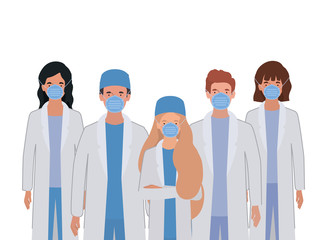 Men and women doctors with uniforms and masks vector design