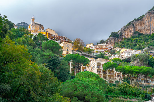 Typical narrow street and colorful houses in city of Positano, Amalfi coast
