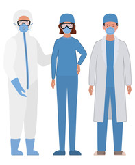 Doctors with protective suits glasses and masks against Covid 19 vector design