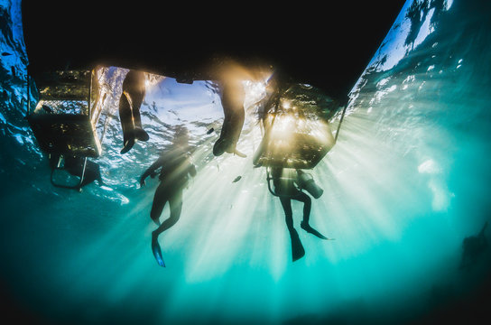 Underwater silhouette shot of scuba divers and a dive boat with golden sun rays shining through the surface