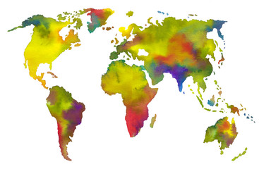 World map drawn in watercolor. Stock illustration with map.