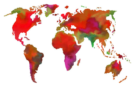 World map drawn in watercolor. Stock illustration with map.