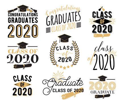 Congratulation graduation wishes overlays, lettering labels design set. Retro graduate class of 2020 badges. Hand drawn emblem with sunburst, hat, diploma, bell. Isolated on white background