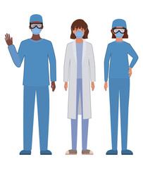 Man and women doctors with uniforms and masks vector design