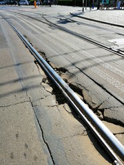 Damaged tram rails in Wroclaw