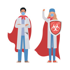 woman and man doctors heroes with capes and shield against 2019 ncov virus vector design