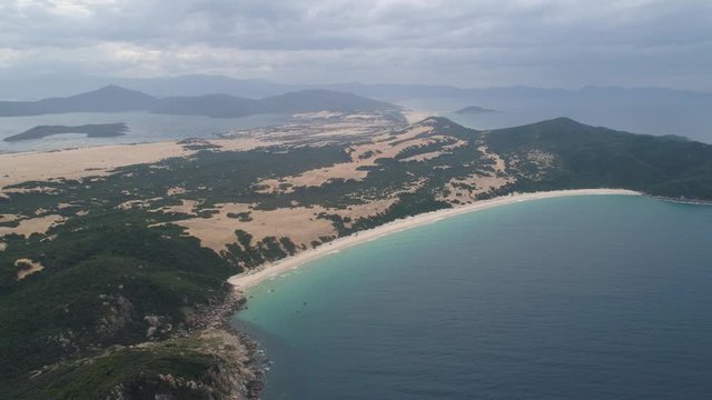 Aerial of Na Beach at Dam Mon Peninsula, Van Phong Bay, Van Ninh, Khanh Hoa. is beautiful with its 10km untouched wilderness white sandy beach, crystal clear water, near most eastern point of Vietnam