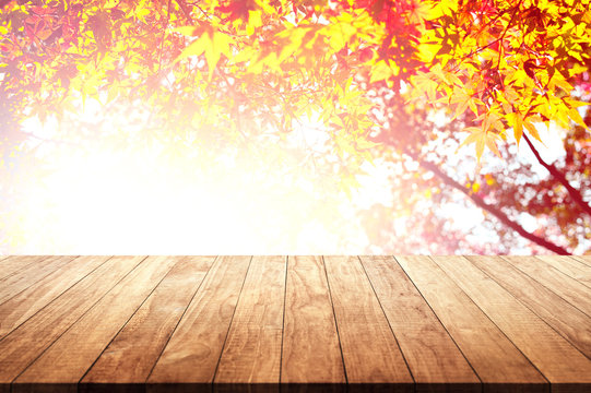 Wooden table top with orange fall leaves, autumn natural background