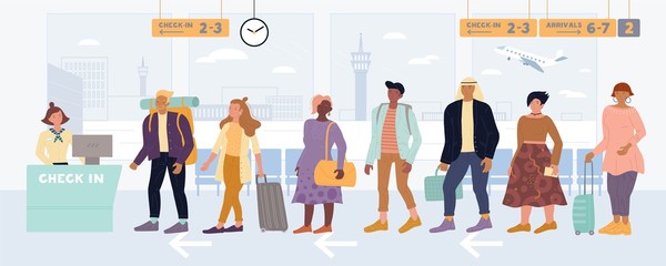 Multiracial men, women standing in queue to check in, drop off luggage at international airport. People, passengers lining up before registration desk. Travel, business trip vector flat illustration.