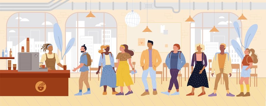 Hipsters, designers, students, young men, women standing in queue to buy drinks, pastries at modern coffee house. Barista at work in refectory, cook shop. Lunch break. Vector flat illustration.