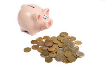 Money concept : Piggy bank and savings .