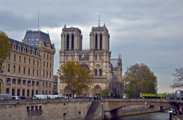 Paris, France - April 22th 2016 : View of the Cathedral Notre-Dame de Paris, before the fire that destroyed the roof, the spire and a large part of the stained glass windows in the building.