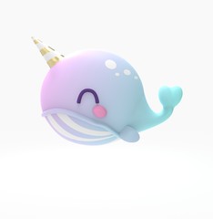 3d rendering illustration of kawaii whale, narwal in the sea. Cute cartoon character whale and vaquita © beingeniusloci