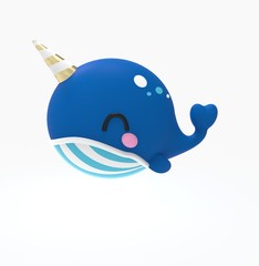 3d rendering illustration of kawaii whale, narwal in the sea. Cute cartoon character whale and vaquita © beingeniusloci