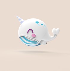 3d rendering illustration of kawaii whale, narwal in the sea. Cute cartoon character whale and vaquita © beingeniusloci
