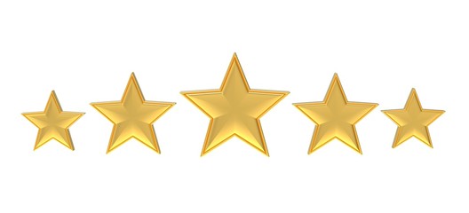 Five golden stars. 3D illustration.