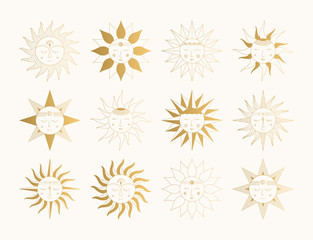 Set of mystic suns with faces. Vector space illustration. Golden style.