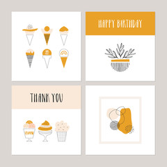 Set of cute cards with ice cream and abstract composition. Thank you poster. Happy birthday design. Vector illustration.