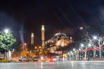 Fototapeta na wymiar Night view of the Hagia Sophia is a historic temple in Istanbul. Turkey