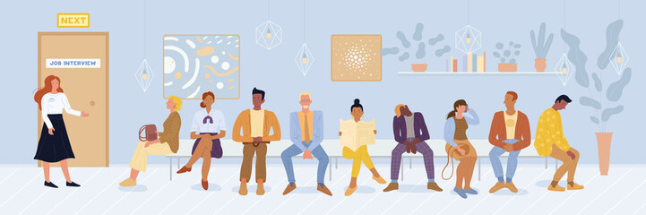 Multiracial men, women, graduated sitting on bench in queue, waiting for job interview, speaking by phone, reading. Recruitment, unemployment, head hunting, free vacancy vector flat illustration.