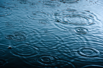 rain drops on the surface of water in a puddle with graduated shade of black shadow and reflection...