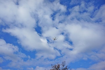 A bright blue sky with fluffy white clouds, shot in a bright, frosty spring morning.